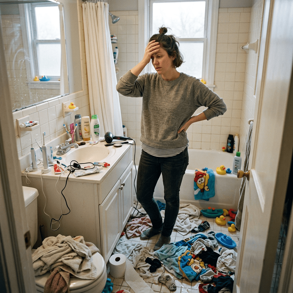 Woman standing in cluttered bathroom with children's toys, towels, and toiletries scattered around.