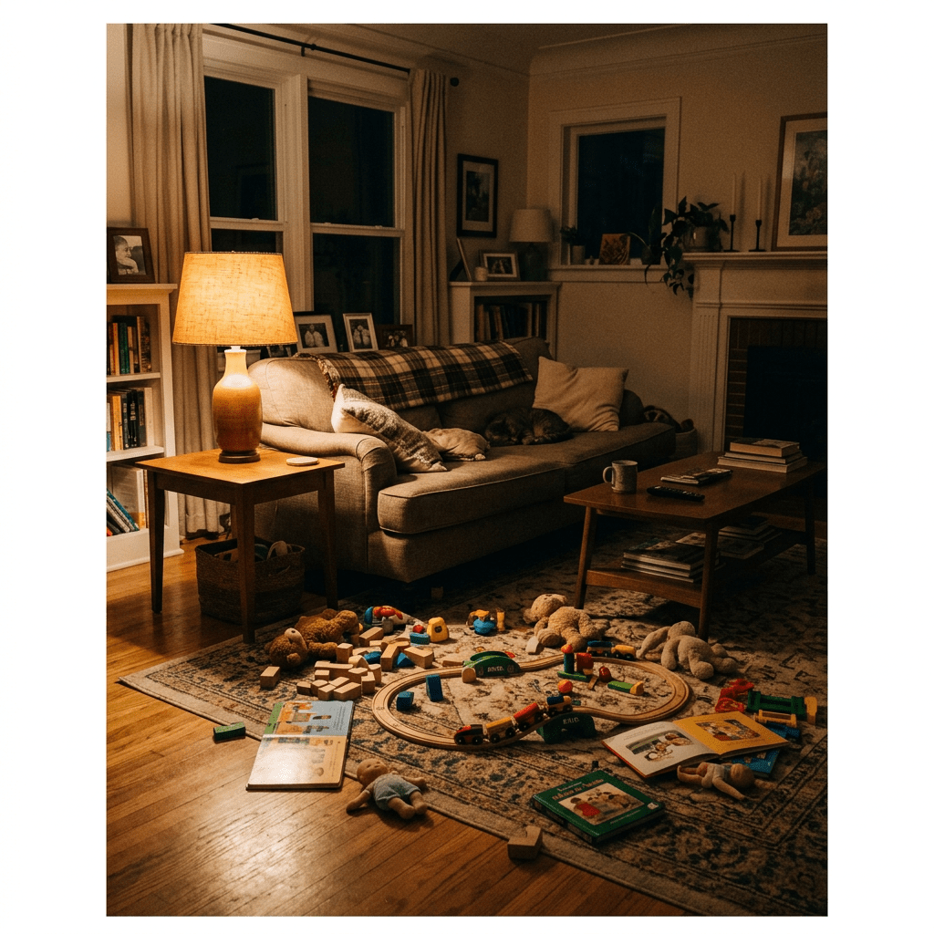 Living room with sofa, table, children's toys on rug, and a cat sleeping on the couch